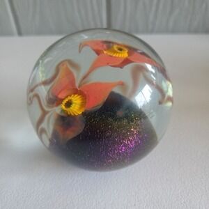 Vintage EICKHOLT Floral Paperweight  1996 Signed Irradescent Orange Yellow Art